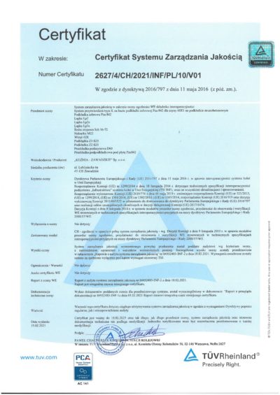 Certyfikat TUV 2627_4_CH_2020_INF_PL_10_V01